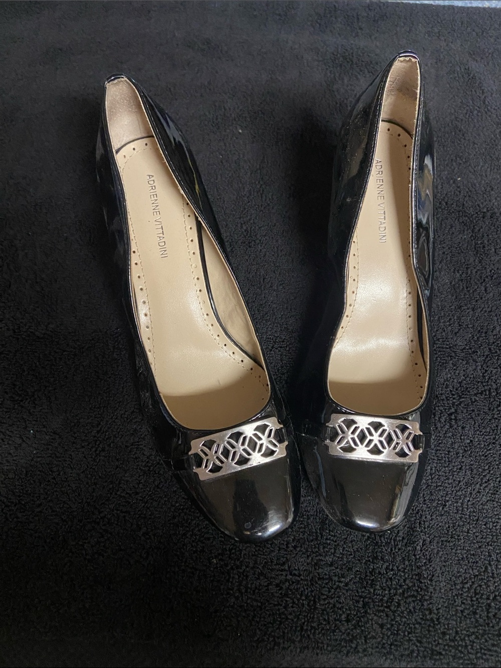 Adrienne Vittadini Black Patent Pumps with Silver Accent